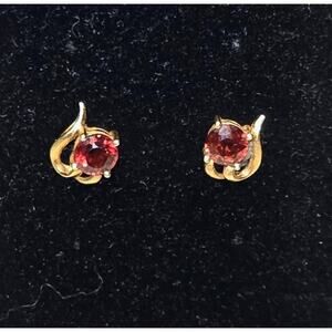Gold Tone Swirl Stud Earrings with Red Gemstone Classic Vintage Look